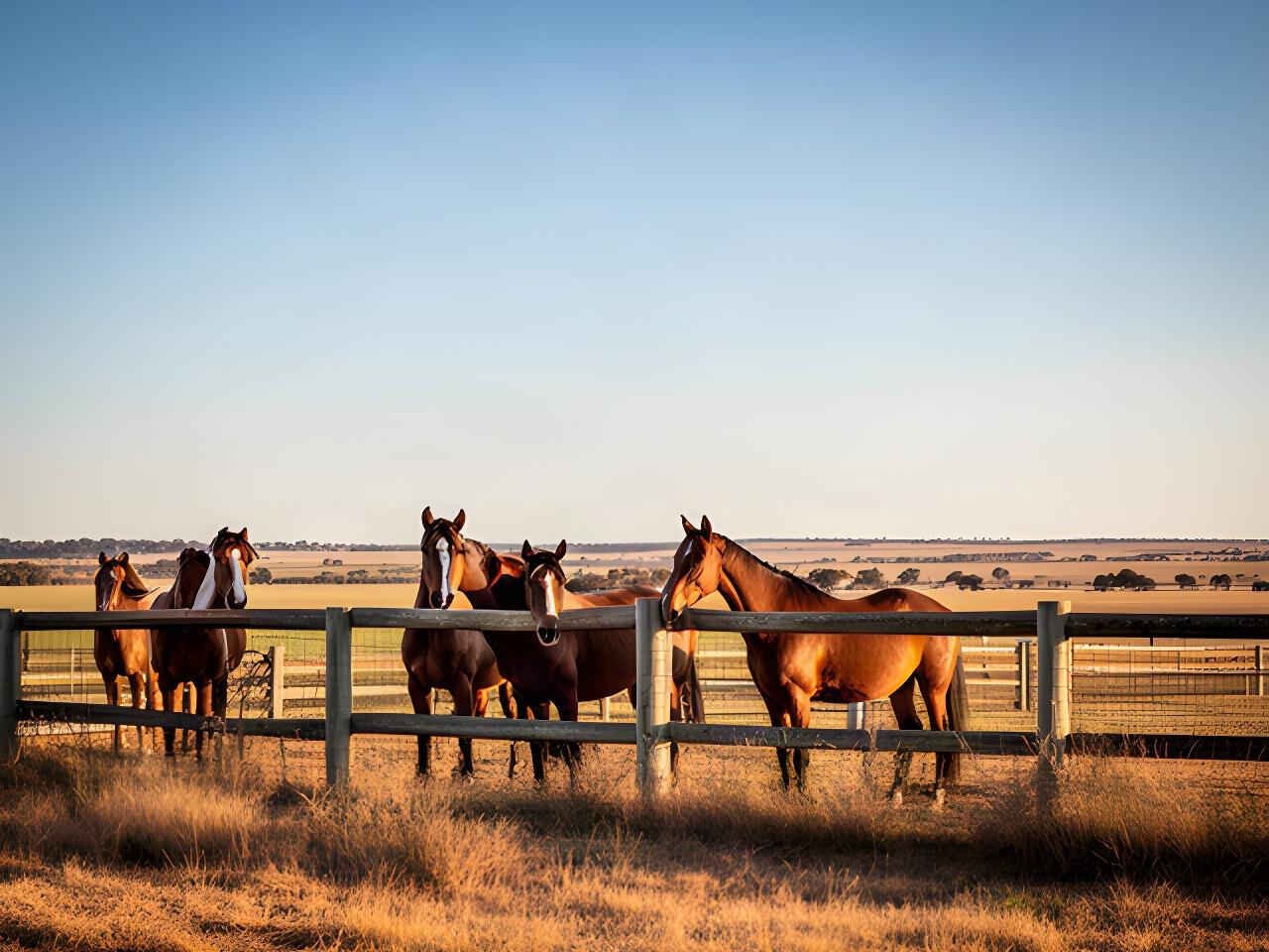 Horses standing beside a paddock fence beneath the broad Riverina sky near Leeton