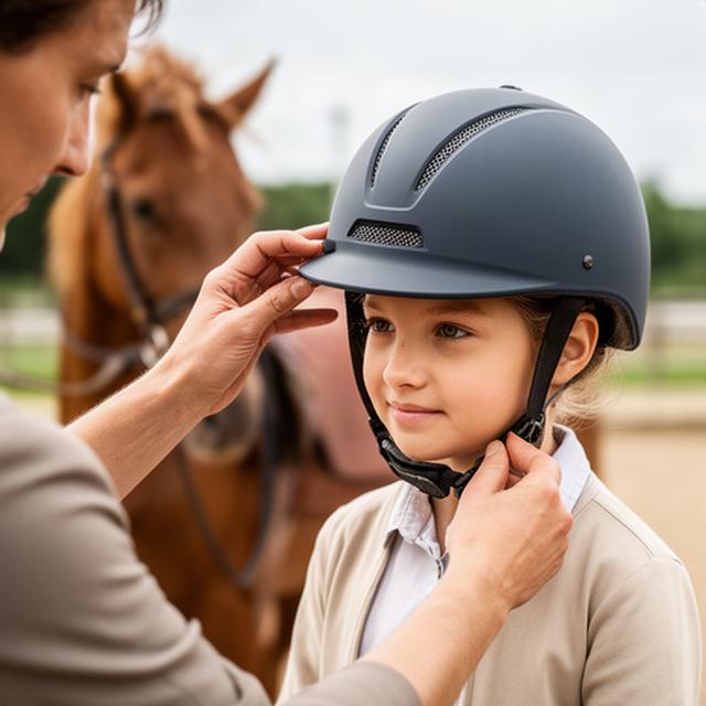 A riding instructor checking a helmet before a beginner lesson