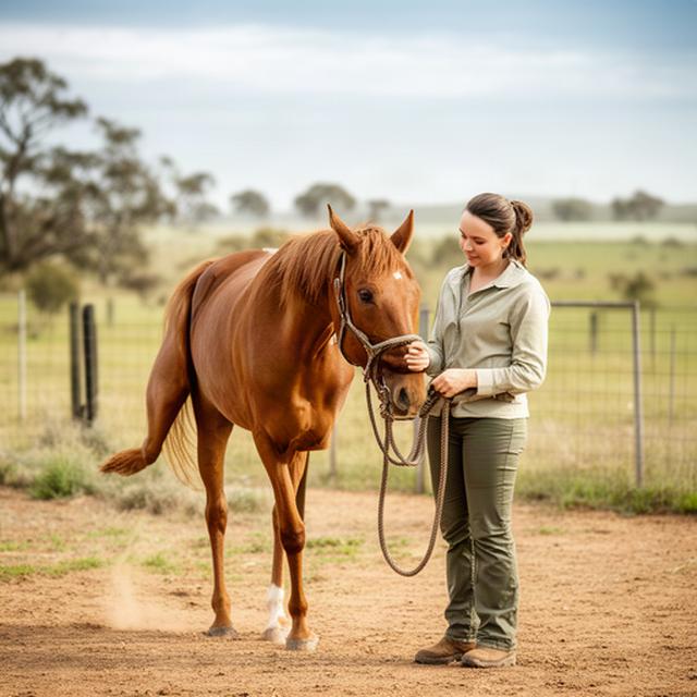 A beginner practising calm groundwork with a horse in a Riverina paddock