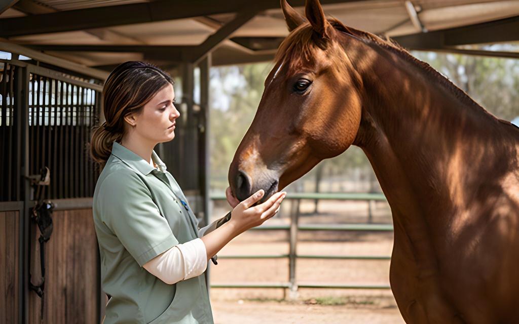 A handler checking a horse calmly in a shaded Riverina stable yard