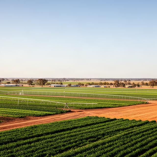 Open irrigation country and farm fields beneath a wide sky near Leeton, New South Wales