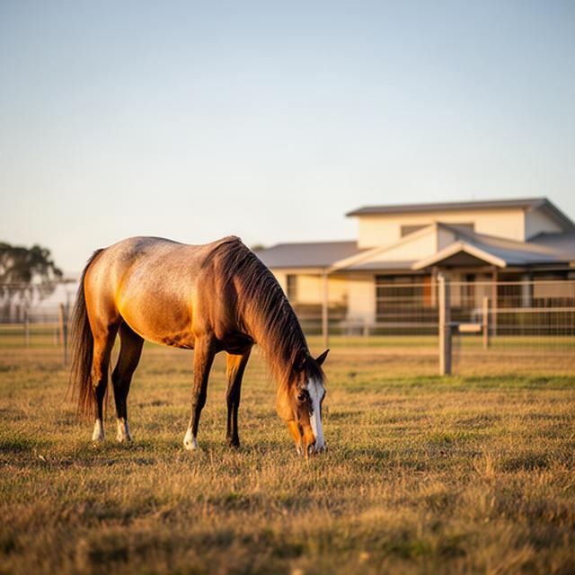 A horse grazing in a farm paddock near rural accommodation in the Leeton district