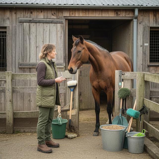 A horse owner learning practical stable care beside a tidy rural yard