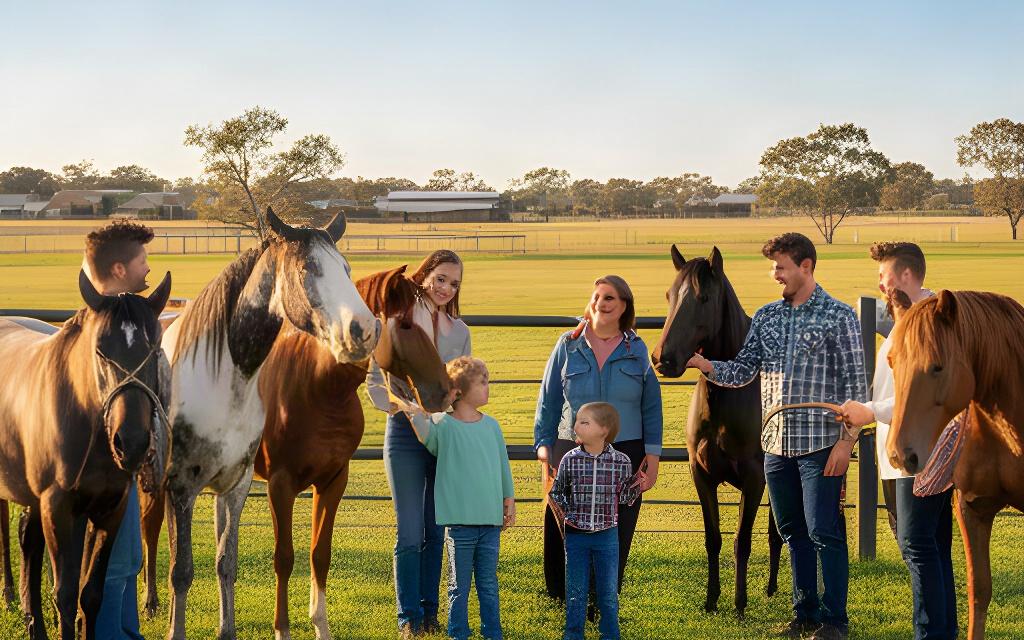 A family and two adult visitors meeting horses with a handler on a Leeton property
