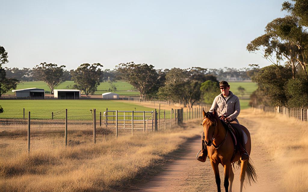 A rider leading a horse along a quiet track through a working Riverina property