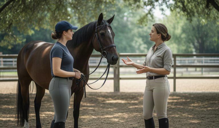 Adult learner listening to an instructor beside a horse in a shaded riding area