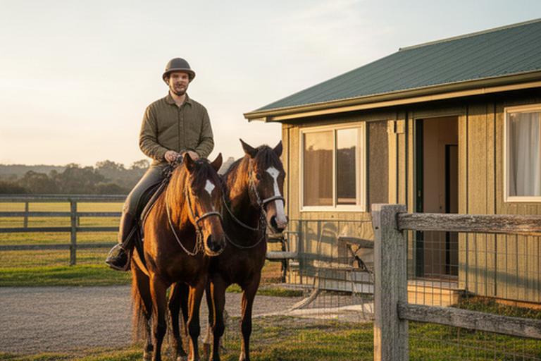 Horse and rider beside a rural guest stay, ready to plan an overnight stop