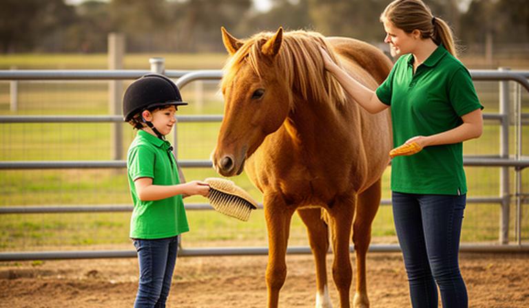 Young rider learning to hold a grooming brush beside a calm horse in a secure paddock