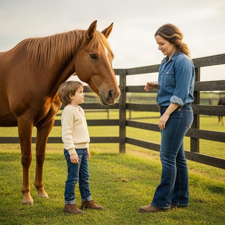A child meeting a calm horse beside a fenced paddock with an adult nearby