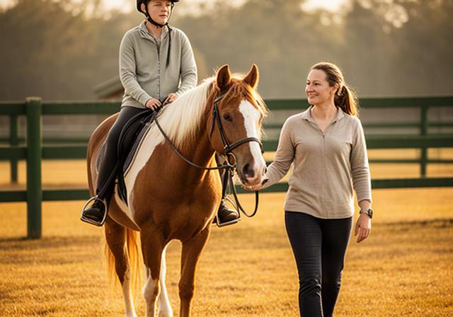 Nervous first-time rider calmly leading a horse with an instructor nearby