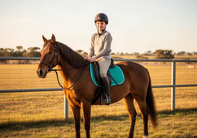 Beginner rider sitting calmly on a horse in a fenced Riverina paddock