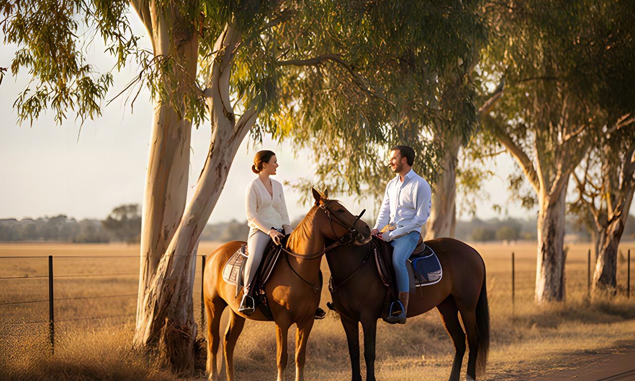 Two riders taking a relaxed break with their horses beside a Riverina tree line