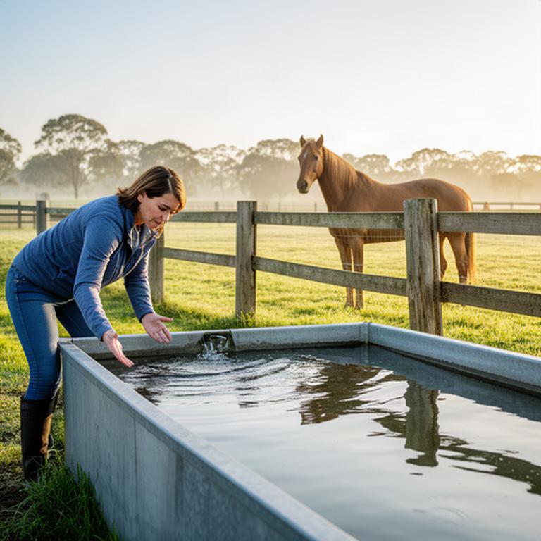 Horse owner checking a paddock water trough during a calm morning care routine
