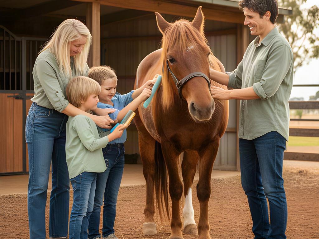 Family learning to groom a quiet horse together with an instructor nearby on a Riverina property