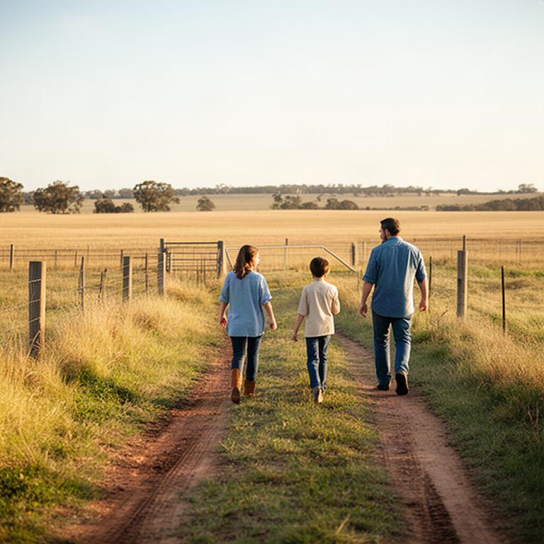 Family walking together along a farm track beside open paddocks in the Riverina