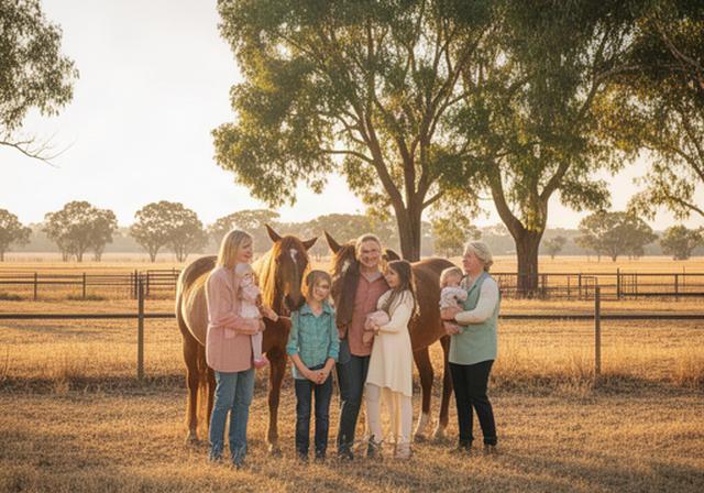 Family spending time beside horses at a rural property in Leeton, New South Wales