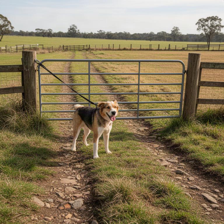 Leashed dog beside a farm gate on a grassy track with uneven rural ground visible