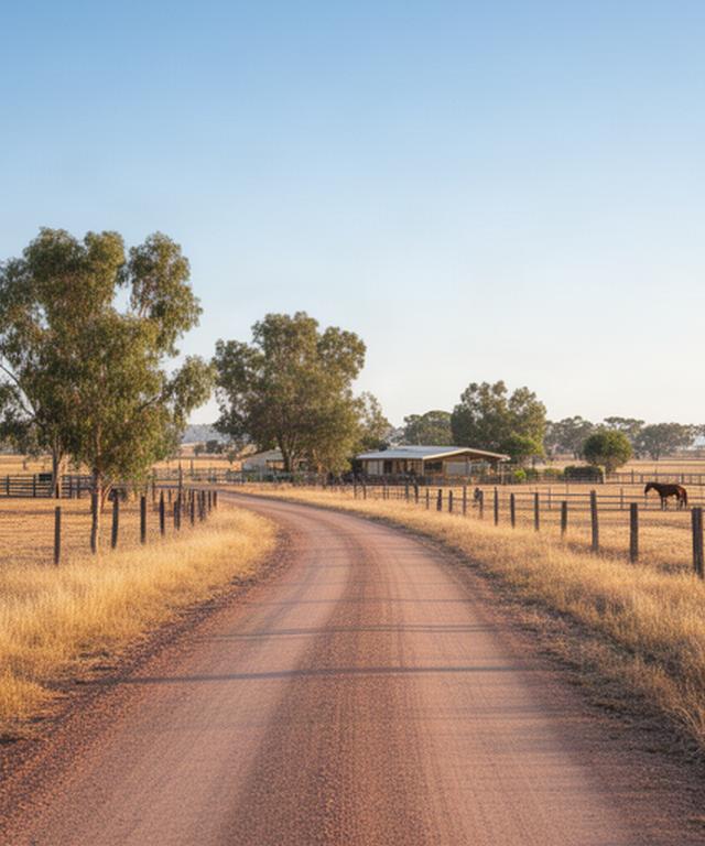 A quiet rural approach road leading towards horse paddocks near Leeton, New South Wales