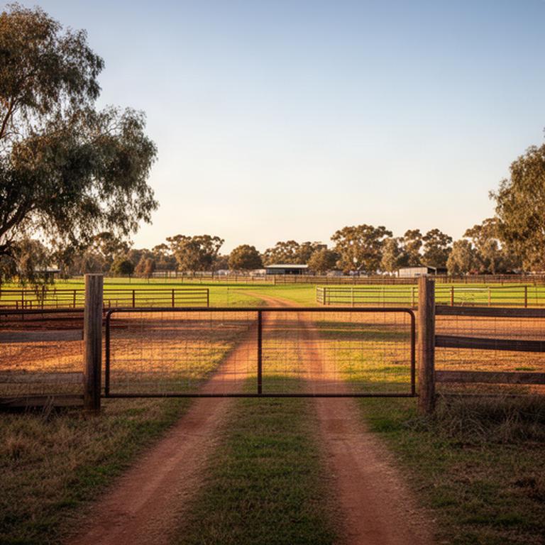 Farm entrance on Gibbs Road with a rural track leading towards paddocks near Leeton