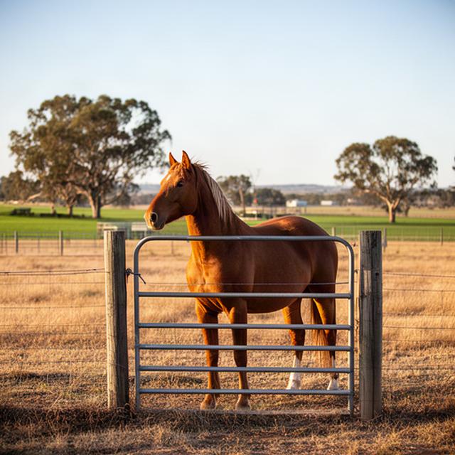 Horse waiting beside a farm gate on Gibbs Road near Leeton, New South Wales