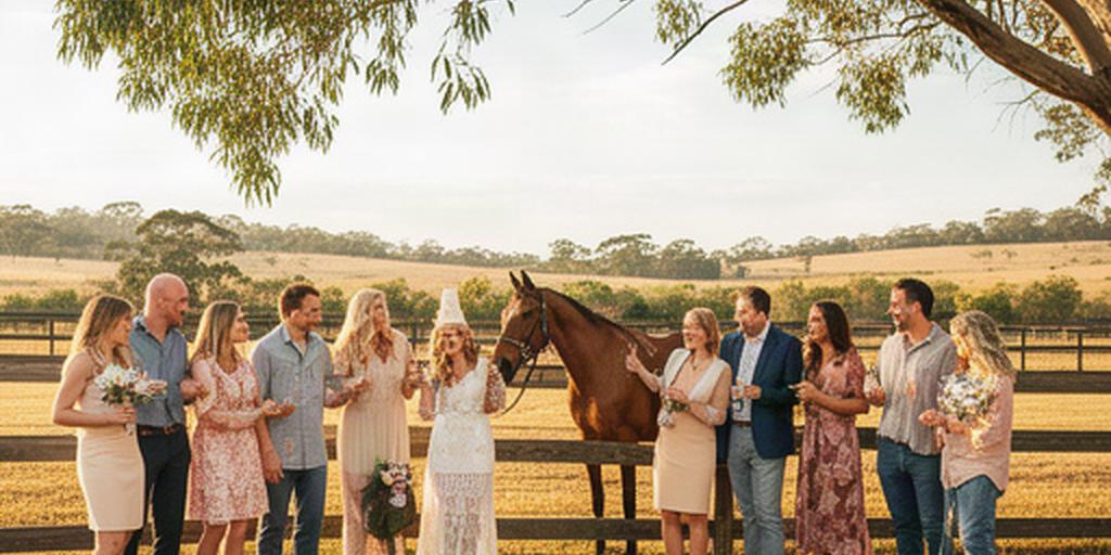 Birthday guests gathered by a horse in a fenced country paddock