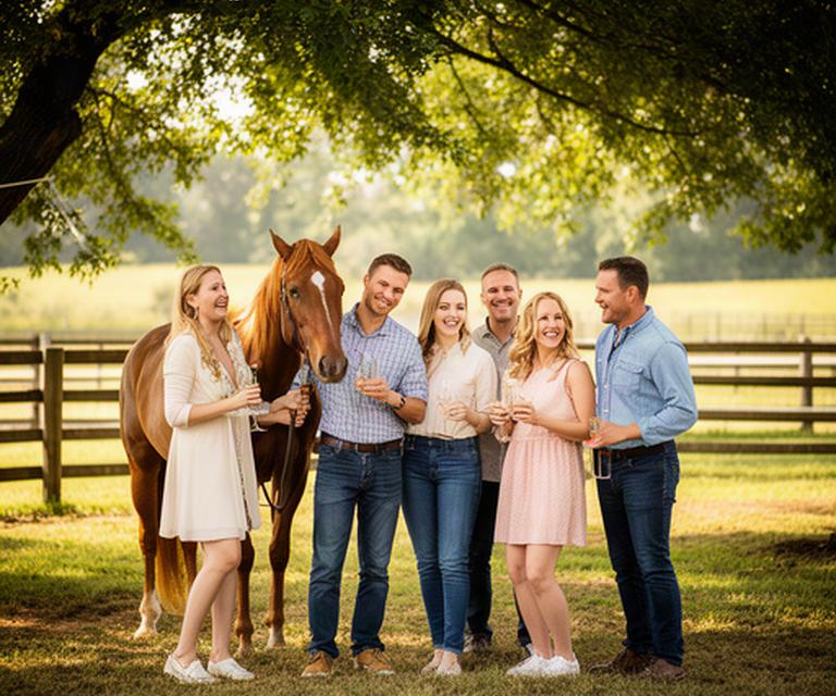 A birthday group gathered beside a horse in a shaded paddock