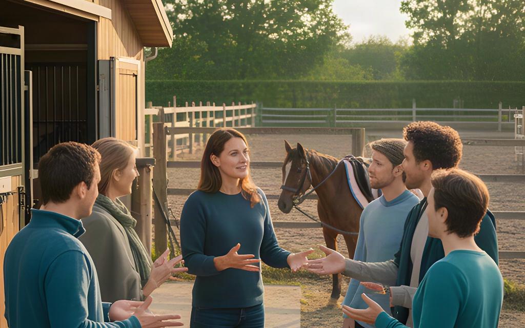 A host and visitors discussing a group activity plan beside the stable yard