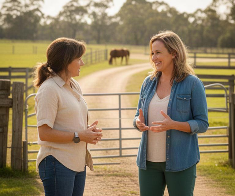 A visitor speaking with a host near the entrance to a rural property