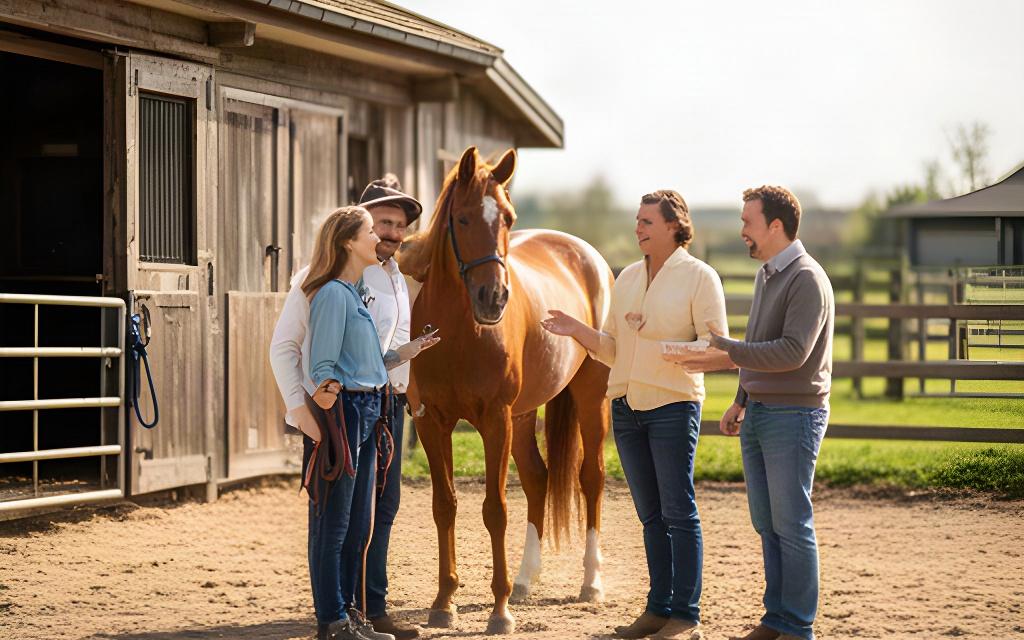 A group talking beside a horse in an open farm yard