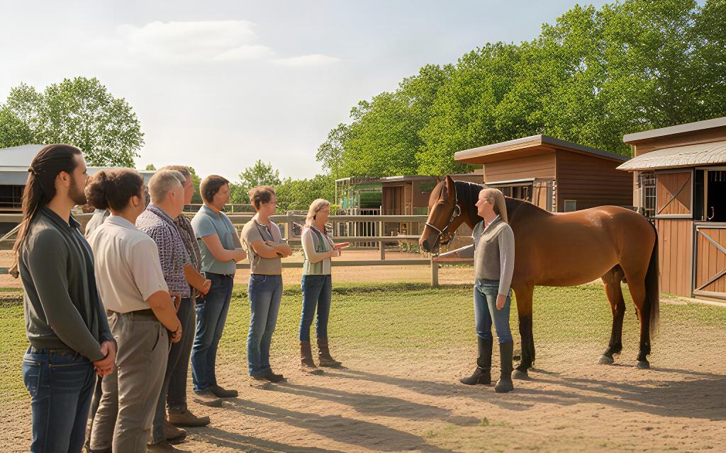 A group listening to a horse safety briefing in a sunny yard