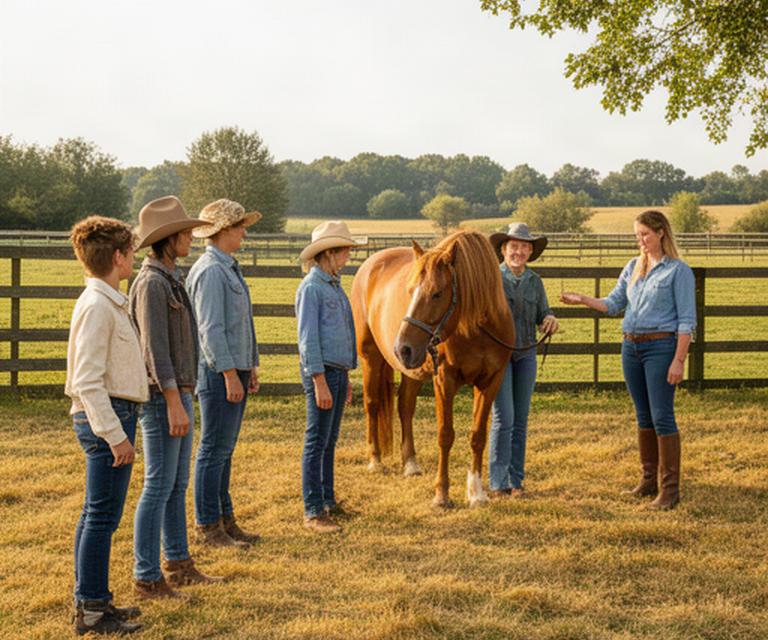 Several visitors taking turns during a supervised activity beside the paddock