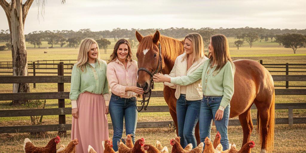 A hens group enjoying a quiet moment with horses on a rural property