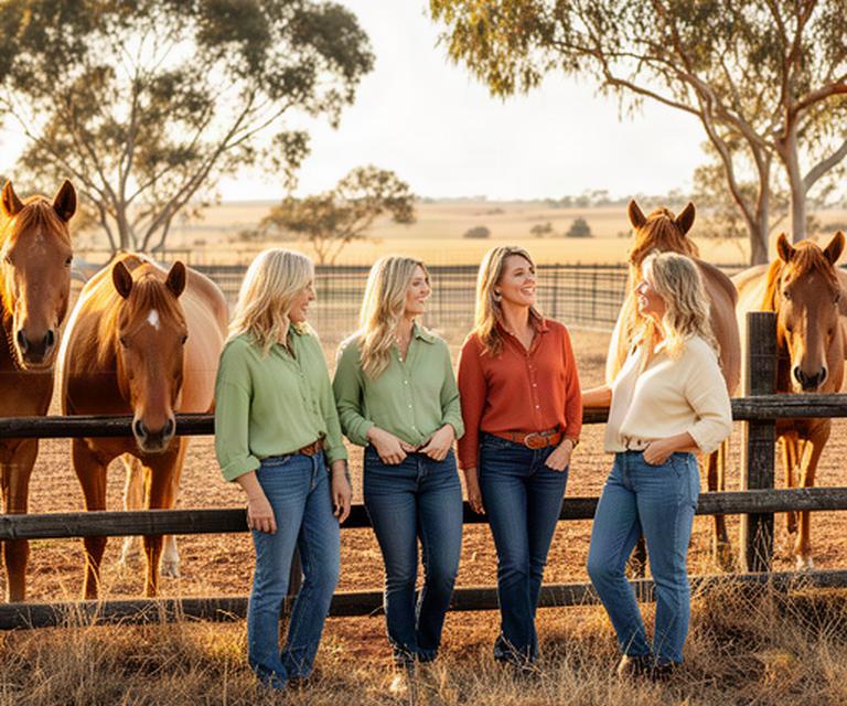 Women enjoying a relaxed horse-country outing beside a fenced paddock