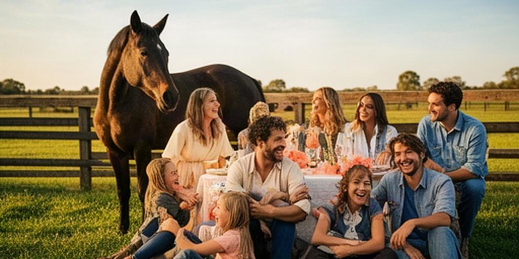 Friends sharing a relaxed private celebration beside the farm paddock
