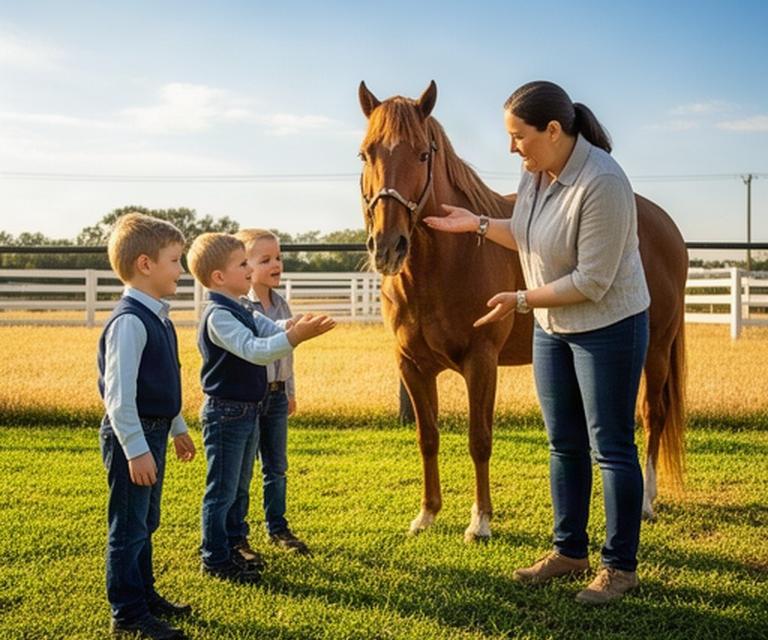 Young participants learning how to approach a calm horse with an adult nearby