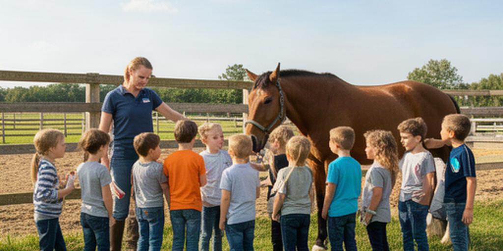 School-age visitors learning about a horse with a supervisor beside them