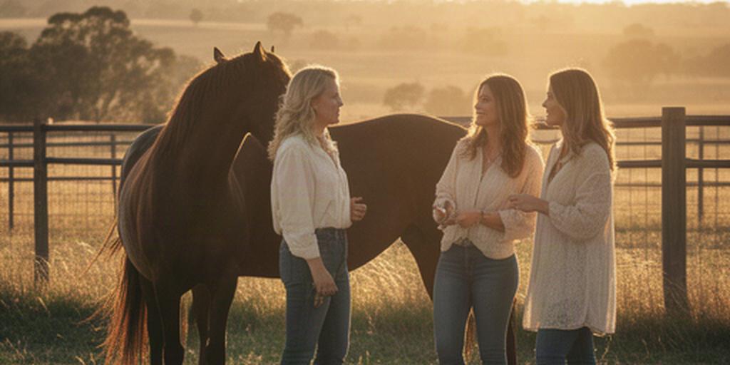 Women talking beside a horse in the late afternoon light