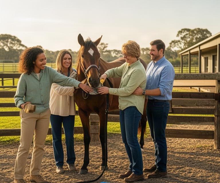 Work colleagues sharing a hands-on horse care activity at a country property
