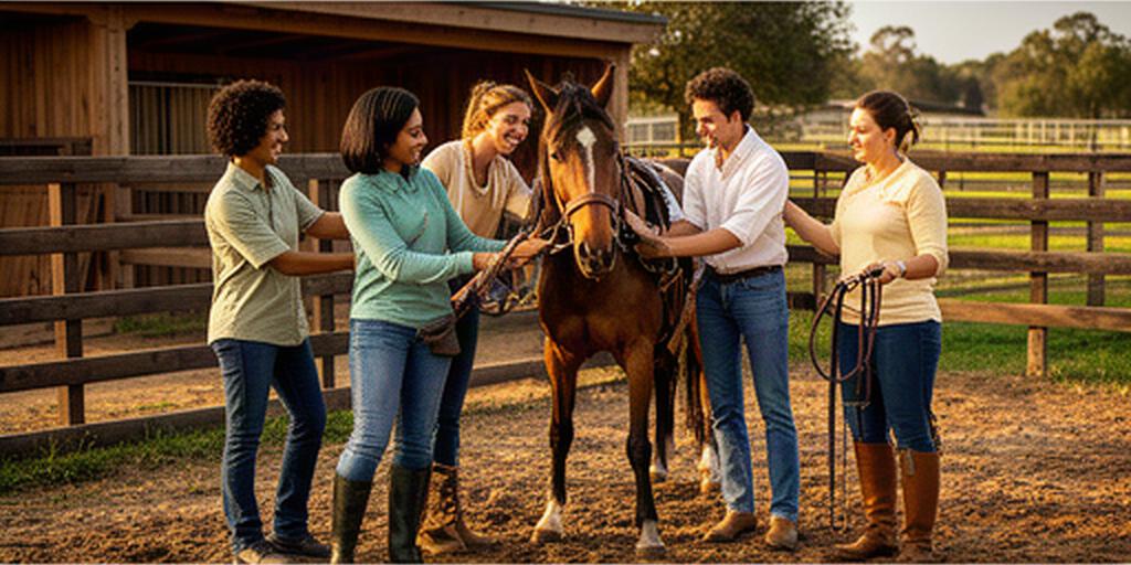 Colleagues working together on a practical activity in a rural horse yard