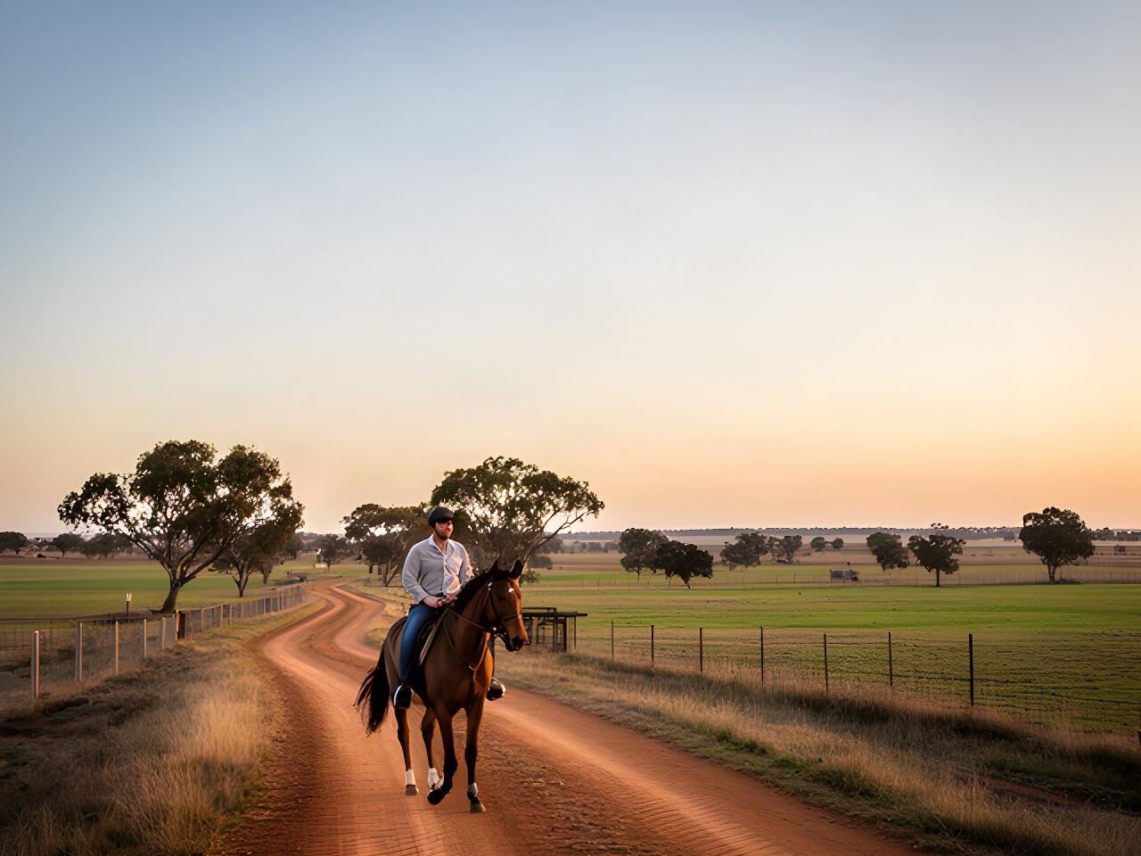 Horse and rider moving along a quiet Riverina farm track beneath a broad evening sky