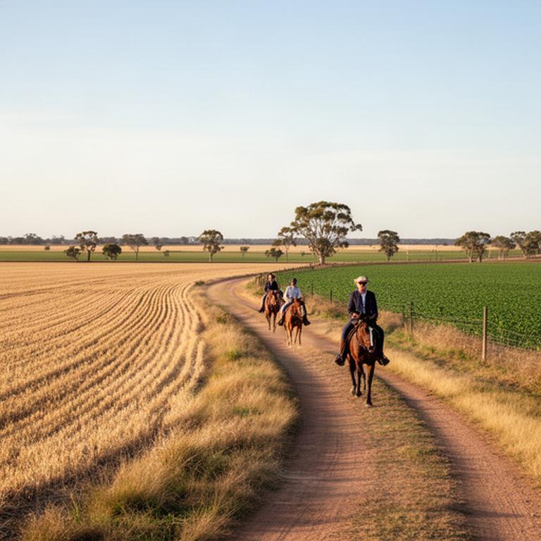 Small group of riders following a farm track beside open Riverina cropping land