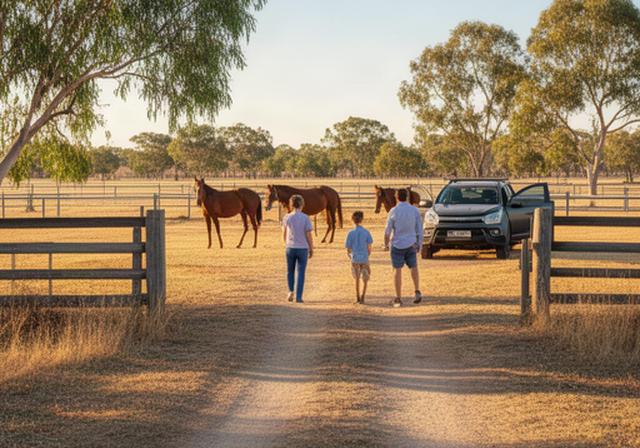 Family arriving at a rural horse property on Gibbs Road near Leeton