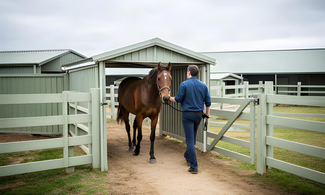 Horse being led into a separate arrival area at a rural property