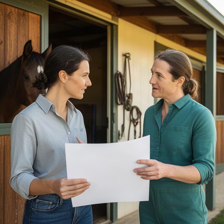 Instructor and participant reviewing a horse-care checklist beside a stable at Gibbs Road