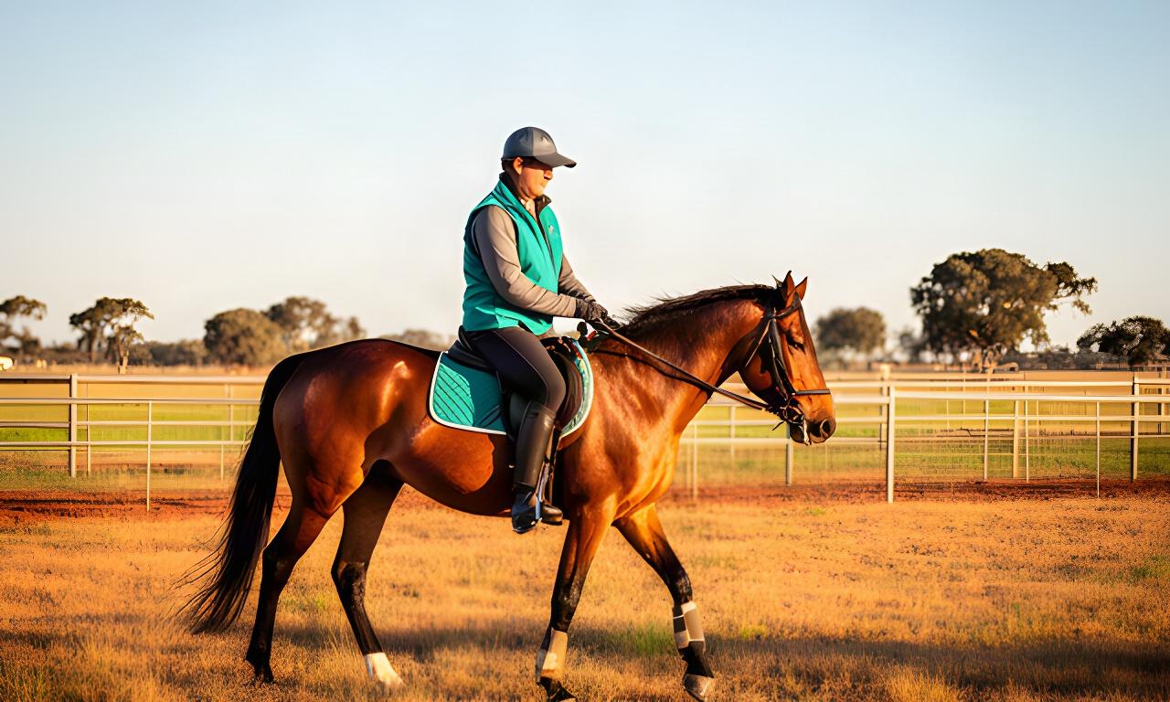 Rider practising a calm horse-handling exercise in a sunlit Leeton paddock