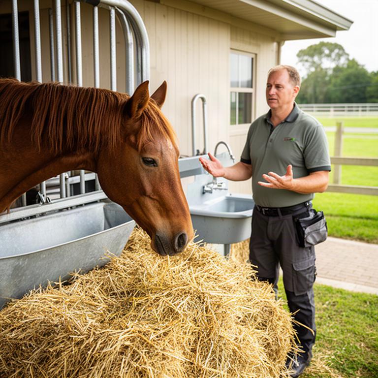 Horse eating hay from a clean feeder while an instructor discusses daily feeding routines