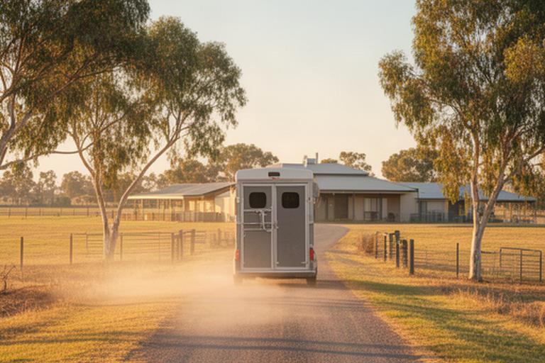 Horse float arriving along a quiet rural driveway near Leeton