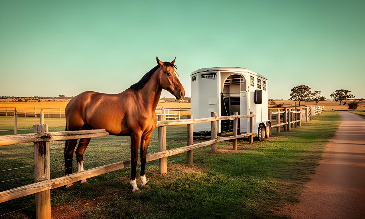 Horse standing beside a safe paddock fence at a Riverina property, with a horse float parked nearby
