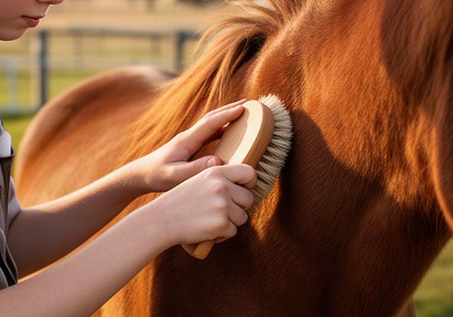 Close view of a beginner brushing a horse's coat before a riding lesson on a Leeton property