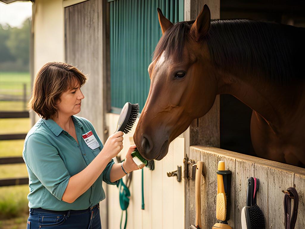 Participant brushing a bay horse beside a rural stable during a hands-on grooming lesson